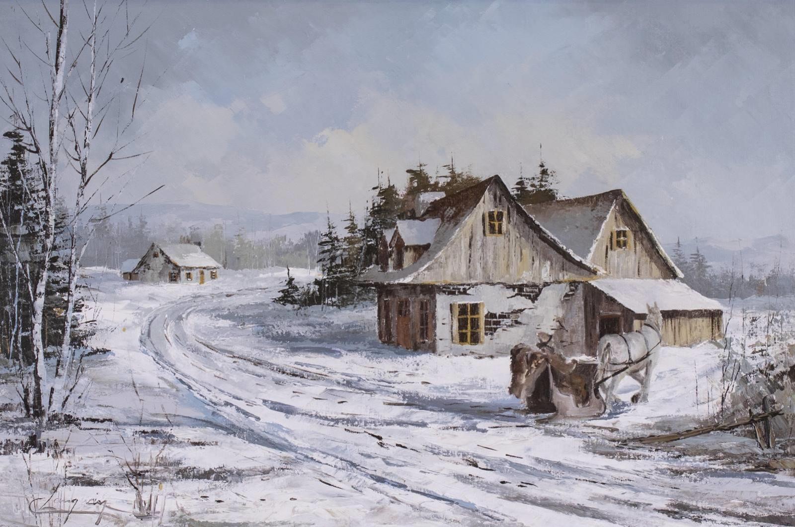 Claude Langevin (1942) - Laurentian Scene, Horse And Sleigh By A Barn