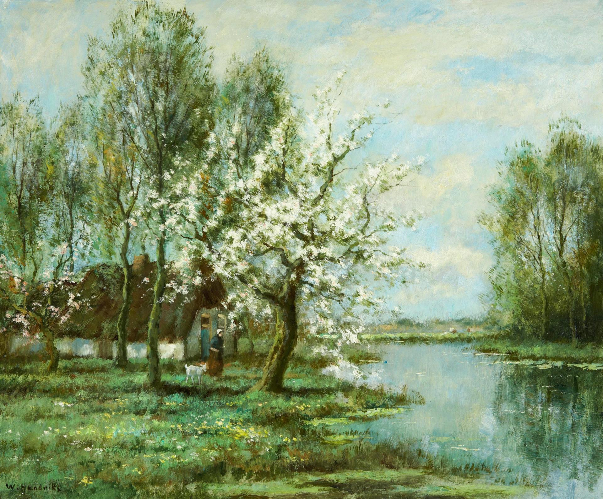 Willem Jr. Hendriks (1888-1966) - Amongst blossoming trees along the river