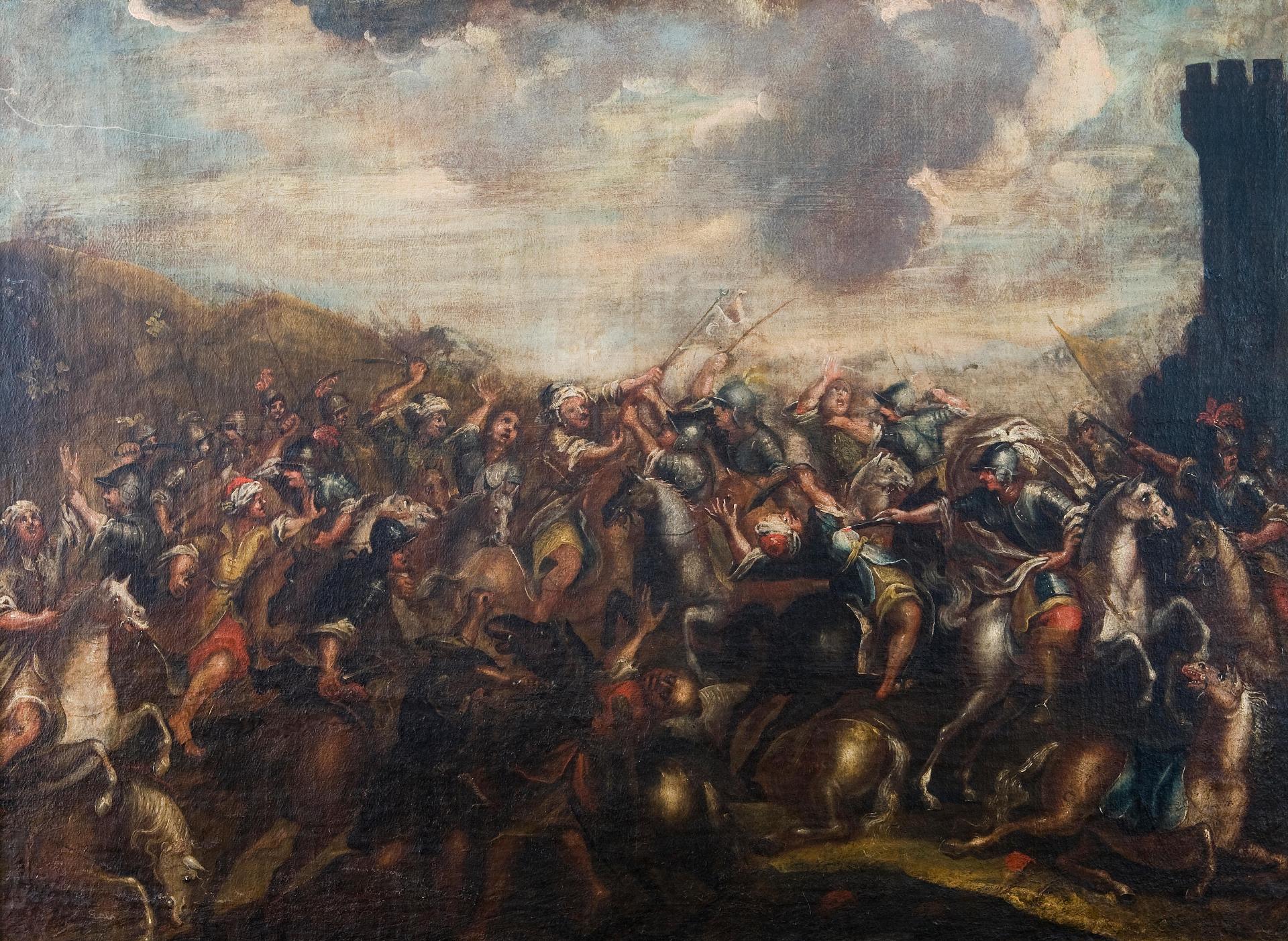 Pieter Meulener (1602-1654) - The Fight for the Standard, Turkish and European armies outside a fortified city; Cavalry skirmish, ships at sea in the distance