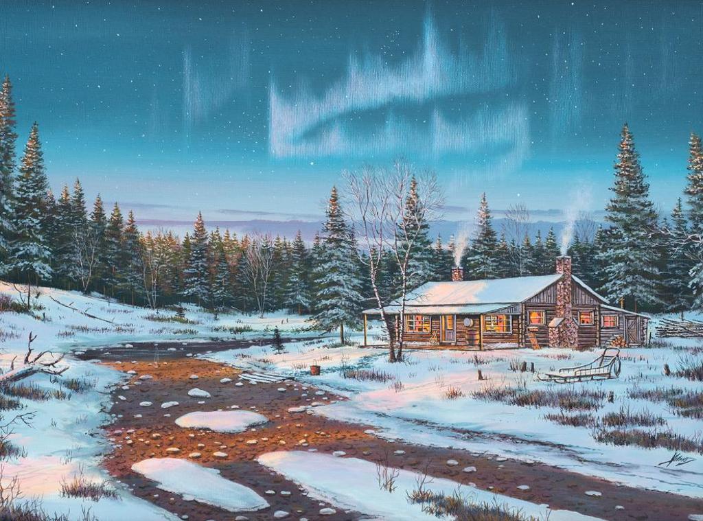 Bob Millard (1947-2014) - Untitled - Northern Lights over Winter Cabin