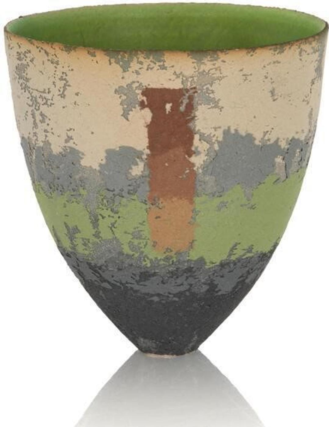 Clare Conrad (1949) - Multi-coloured stoneware textured surface tapered  vessel with a brown vertical marking and a green interior. Signed on bottom