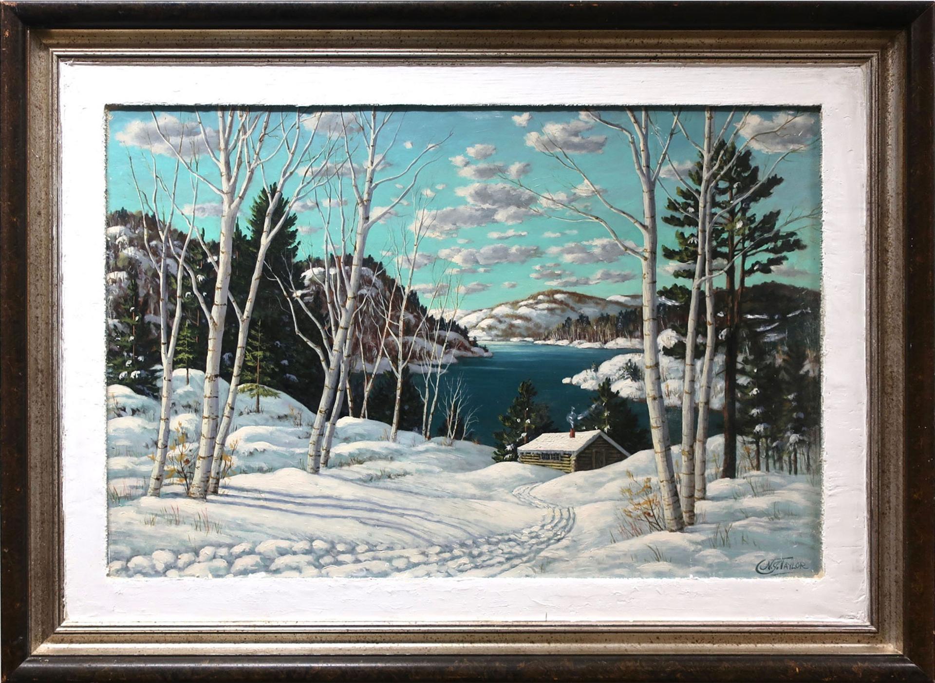 N.G. Taylor - Untitled (Log Cabin By Lake In Winter)