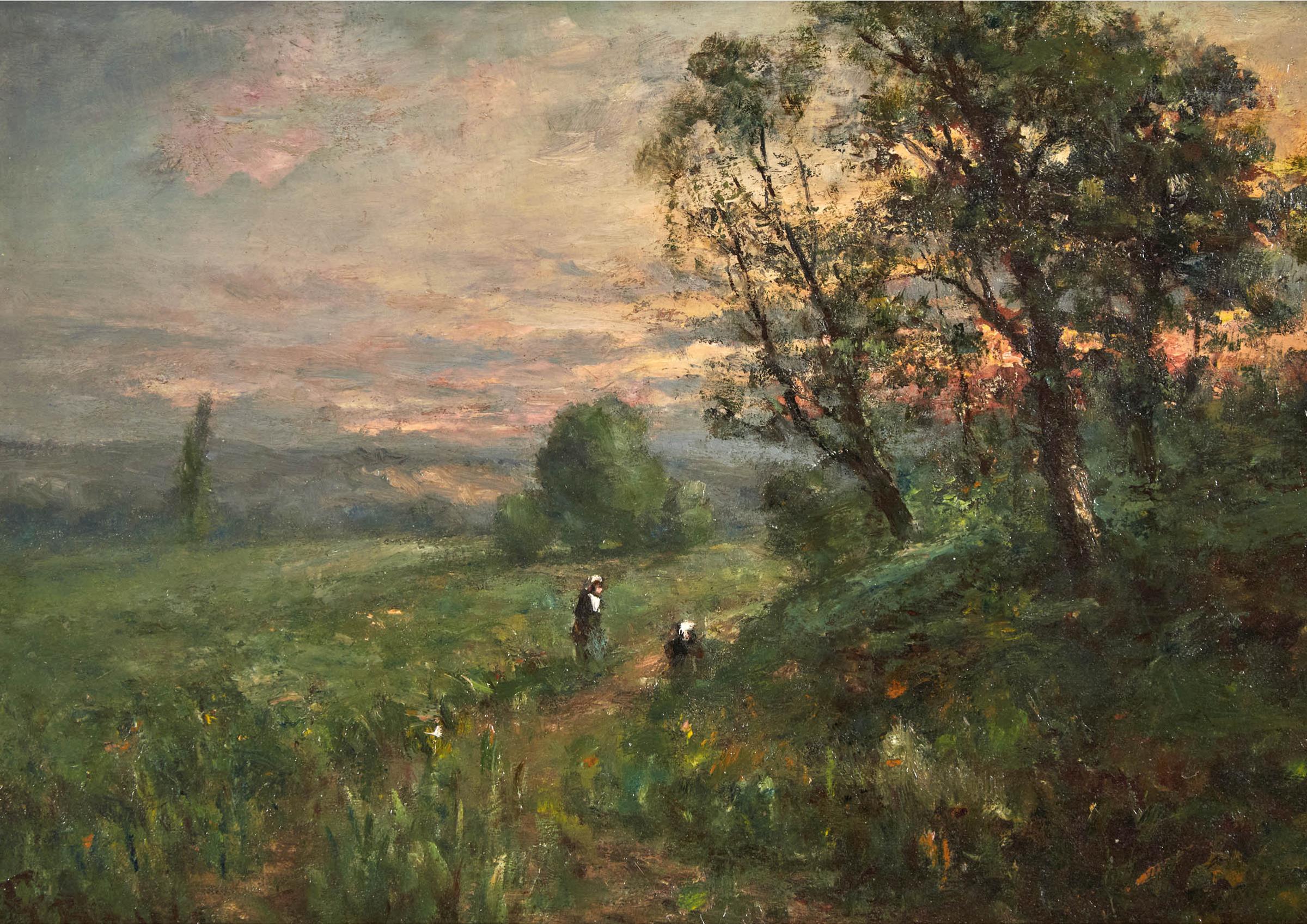 Charles Wellington Boyle (1861-1925) - Lush Landscape With Children On Hillside At Sunset