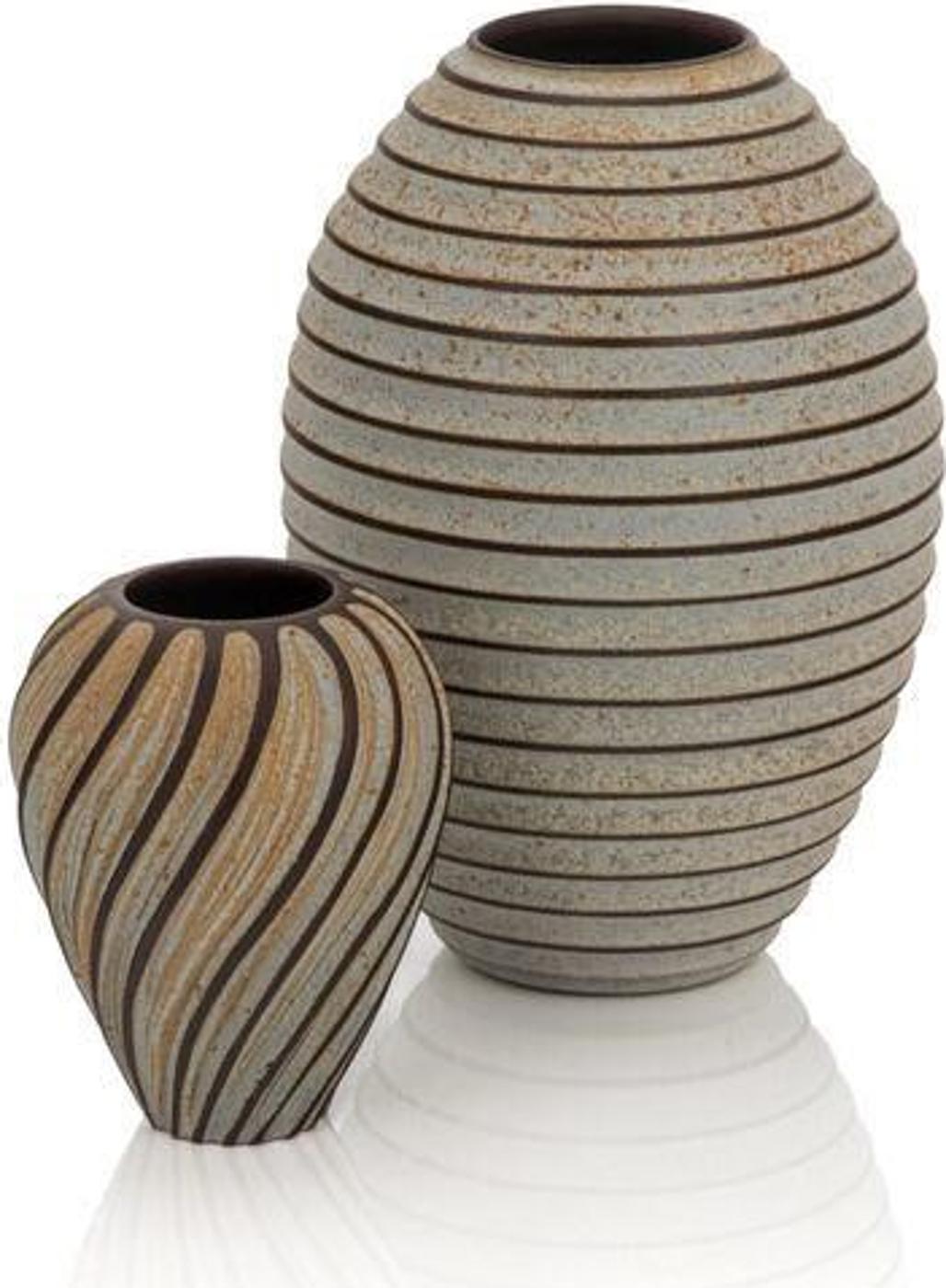 Emily Myers (1965) - Two mid sized red stoneware vase, one with vertical spiraling ribs and one with horizontal ribs