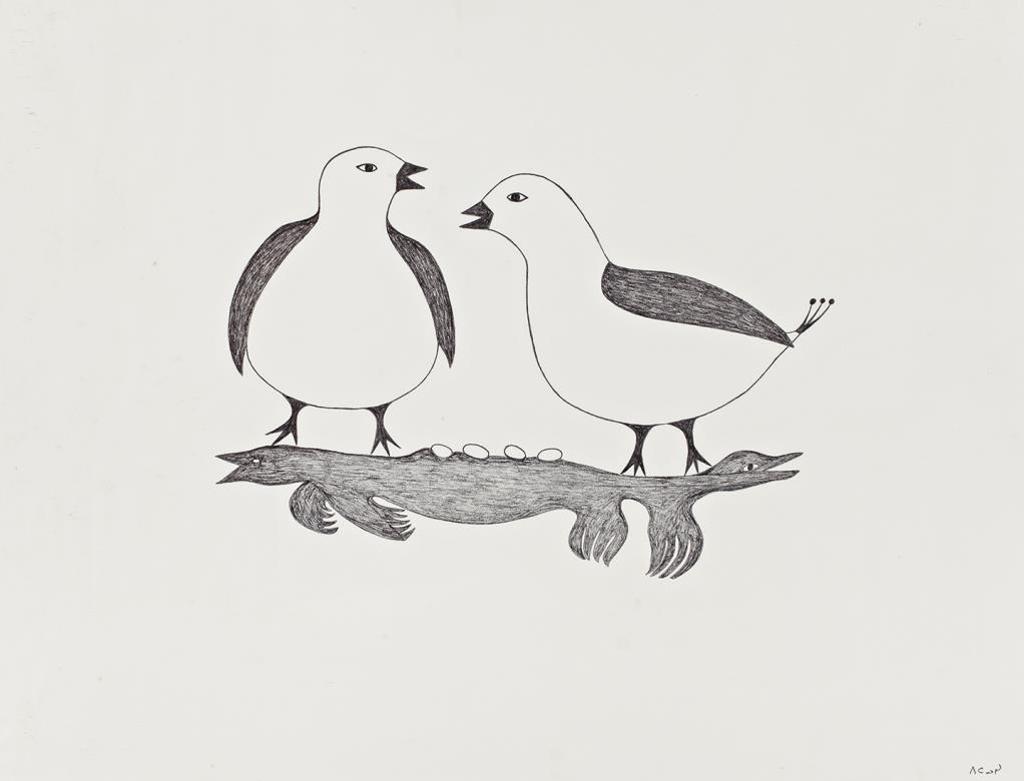 Pitaloosie Saila (1942-2021) - Two Birds and Fantasy Animal), late 1960s, ink and coloured pencil drawing