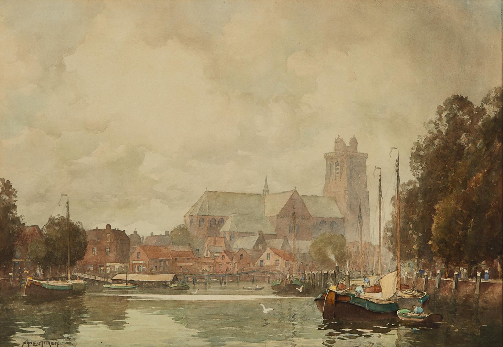 John Ernest Aitken (1881-1957) - Dutch Harbour With Boats At Dock