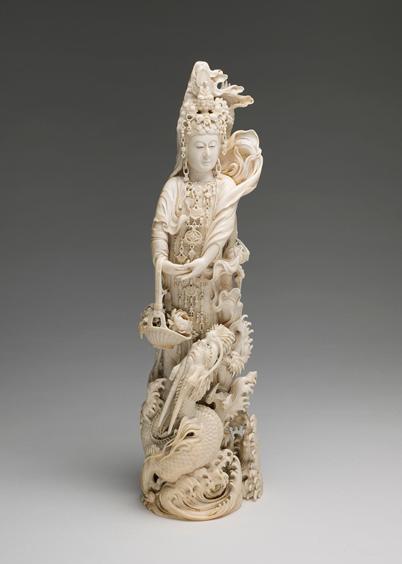 Japanese Art - A Magnificent Japanese Ivory Carved Okimono of Kannon, Tokyo School, Meiji Period, Circa 1905