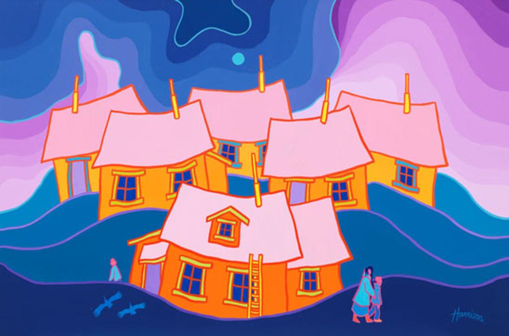 Ted Harrison (1926-2015) - Houses on a Wave of Land