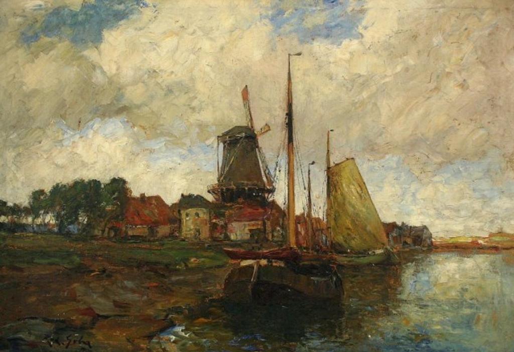 Rudolph Guba (1884-1950) - Dutch Windmill with Sailboats