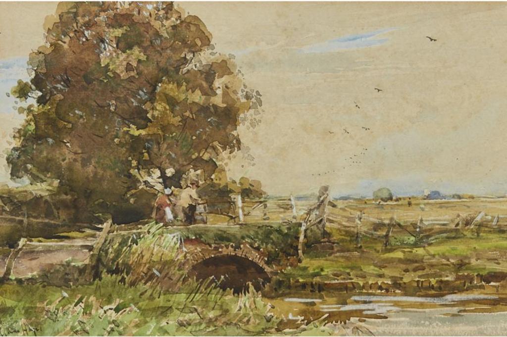 Claude Hayes (1852-1922) - Country Folk Traversing A Small Bridge