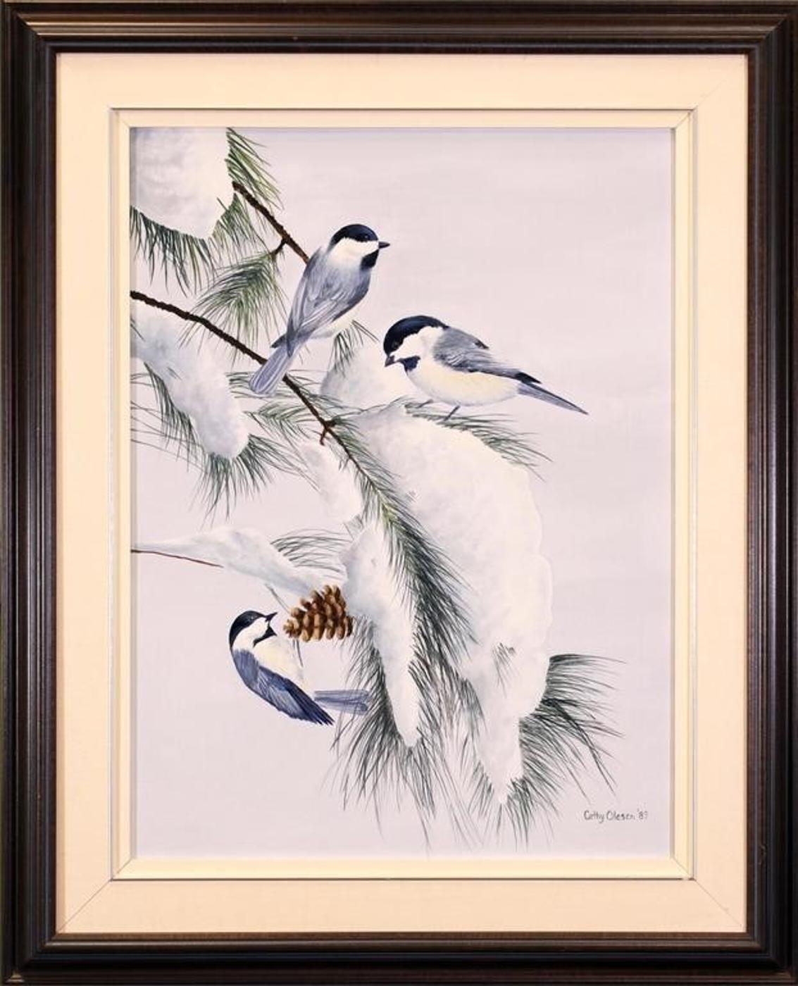 Cathy Olesen - Untitled, Chickadees on a Snow-laden Pine Branch; 1989