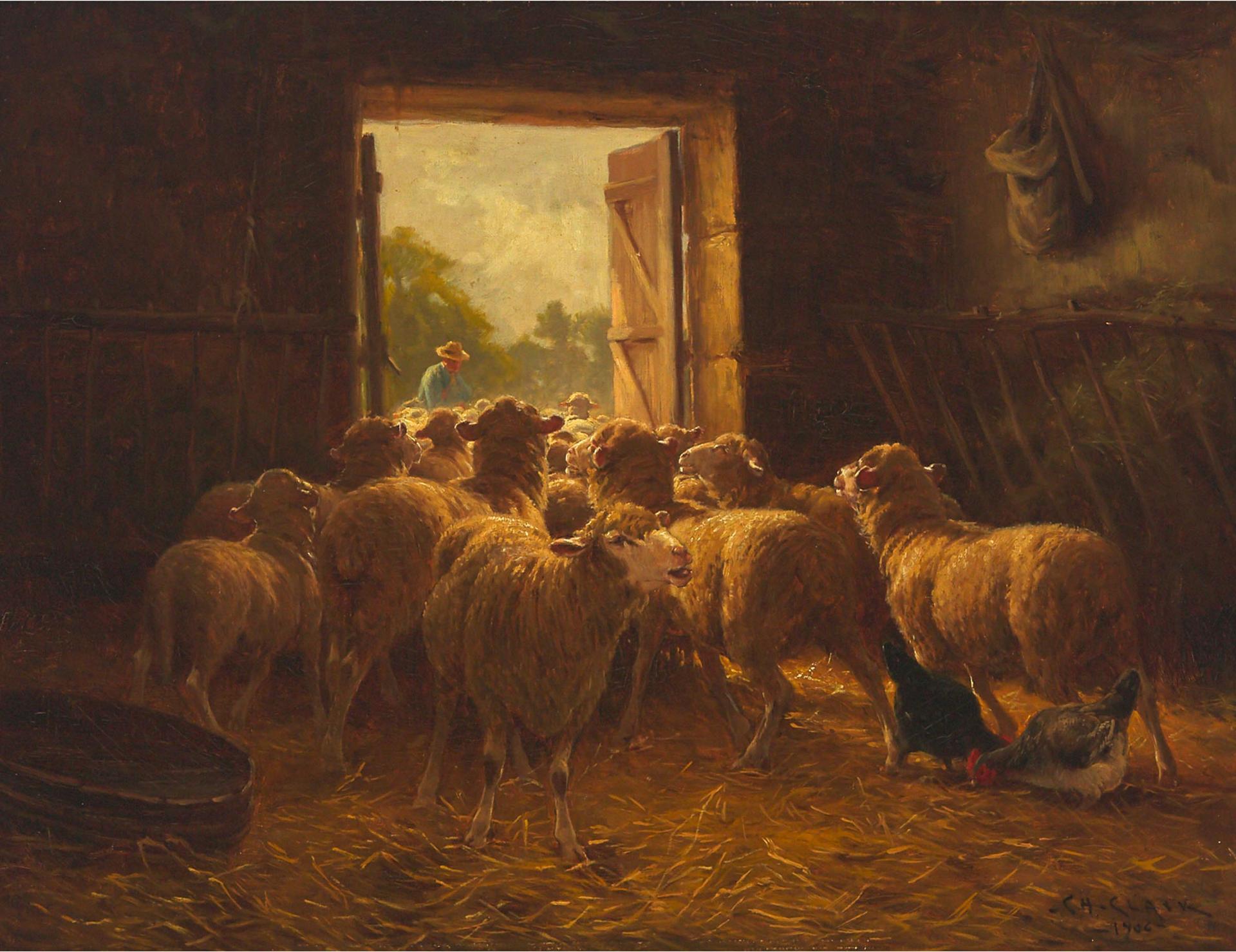 Charles H. Clair (1860-1930) - Sheep And Poultry In A Barn Being Led By The Farmer, 1906