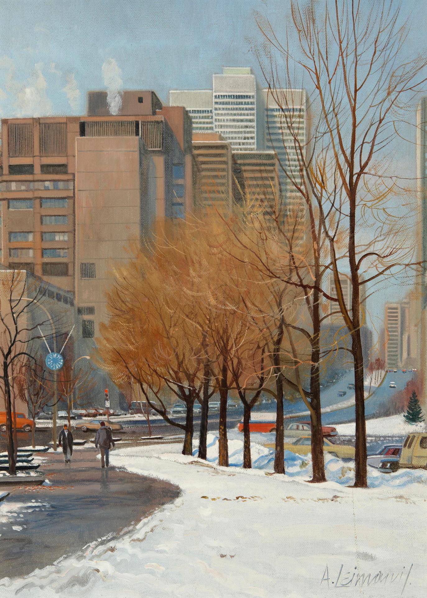 Andris Leimanis (1938) - A sunny March day- A view of Place Bonaventure with the Place Ville Marie in the background