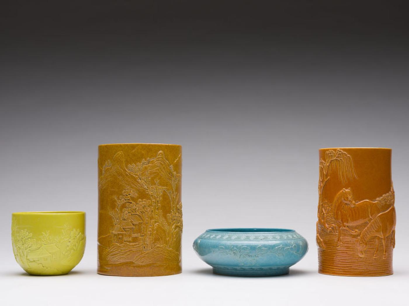 Chinese Art - Group of Four Chinese Moulded and Carved Porcelain Scholar's Objects