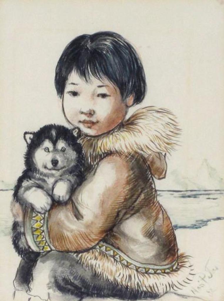 Nori Peter (1935-2009) - Native Girl With Husky Puppy; 1982