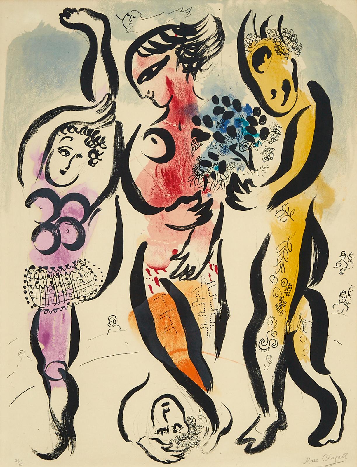 Marc Chagall (1887-1985) - The Three Acrobats, 1956 [mourlot, 169]
