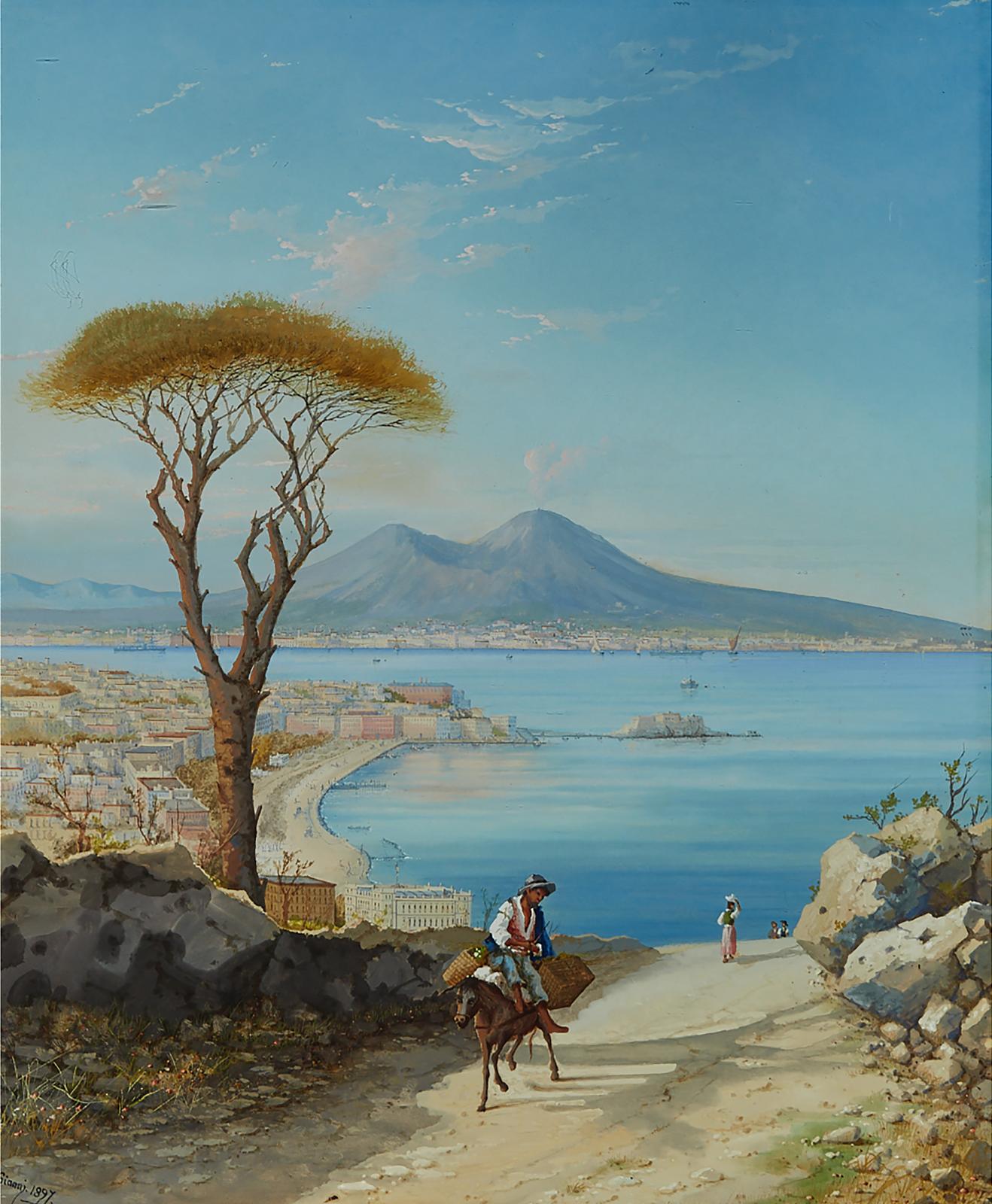 Maria Gianni (1873-1956) - Coast Of Naples With Mount Vesuvius Erupting, A Man On A Donkey In The Foreground, 1897