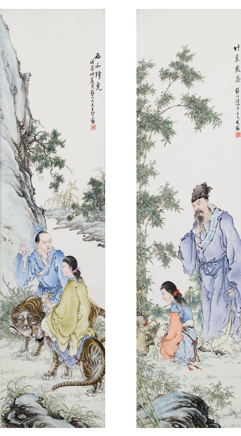 Wang Dafan - A Pair of Rare and Important Chinese Famille Rose 'Figural' Panels, 1928