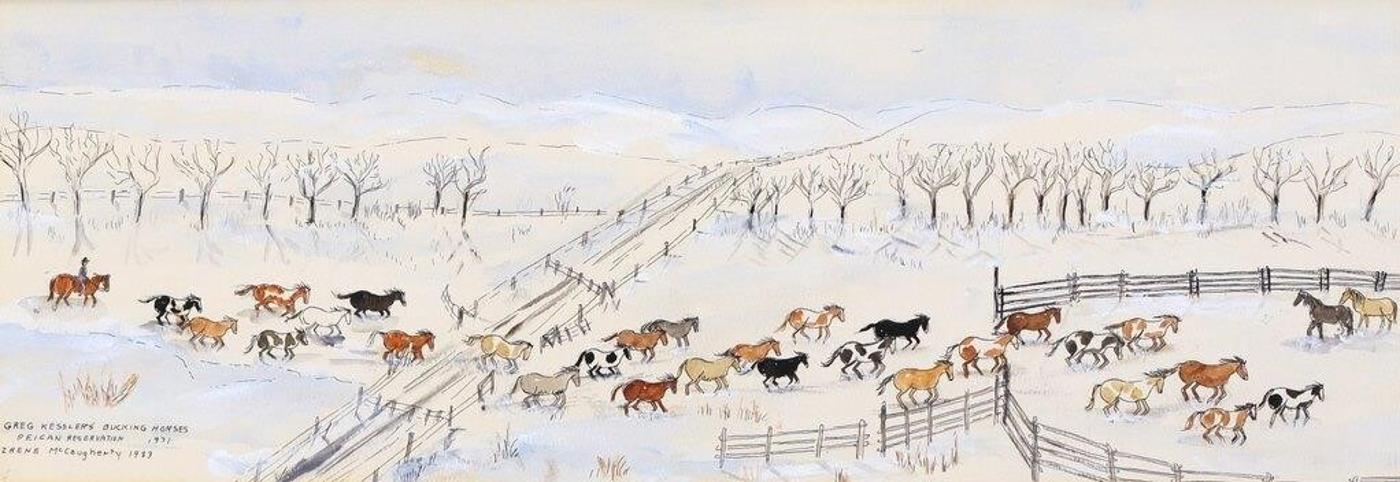 Irene E. McCaugherty (1914-1996) - Greg Kesslers Bucking Horses, Peigan Reservation 1971; 1983