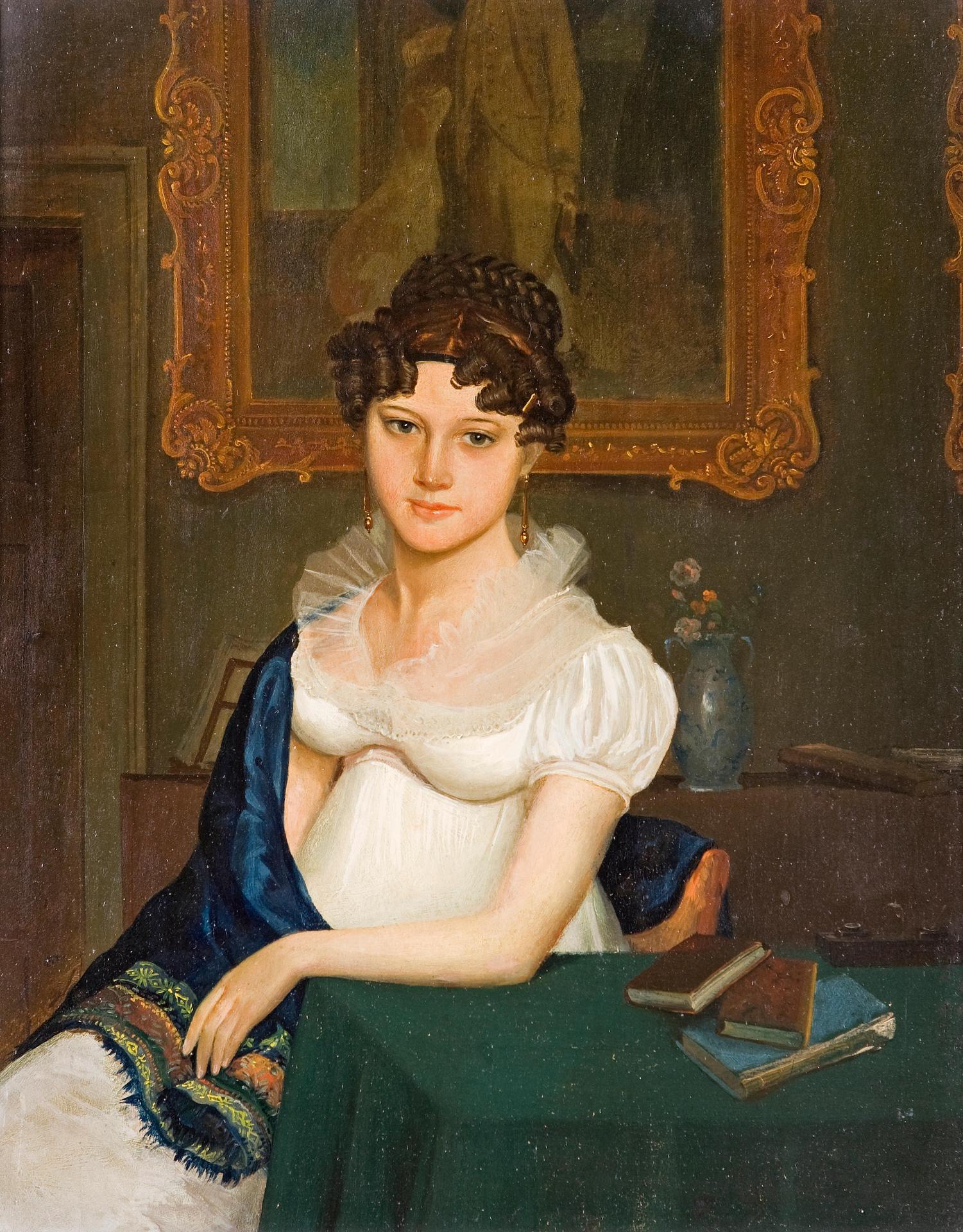 French School - Young lady seated at a table