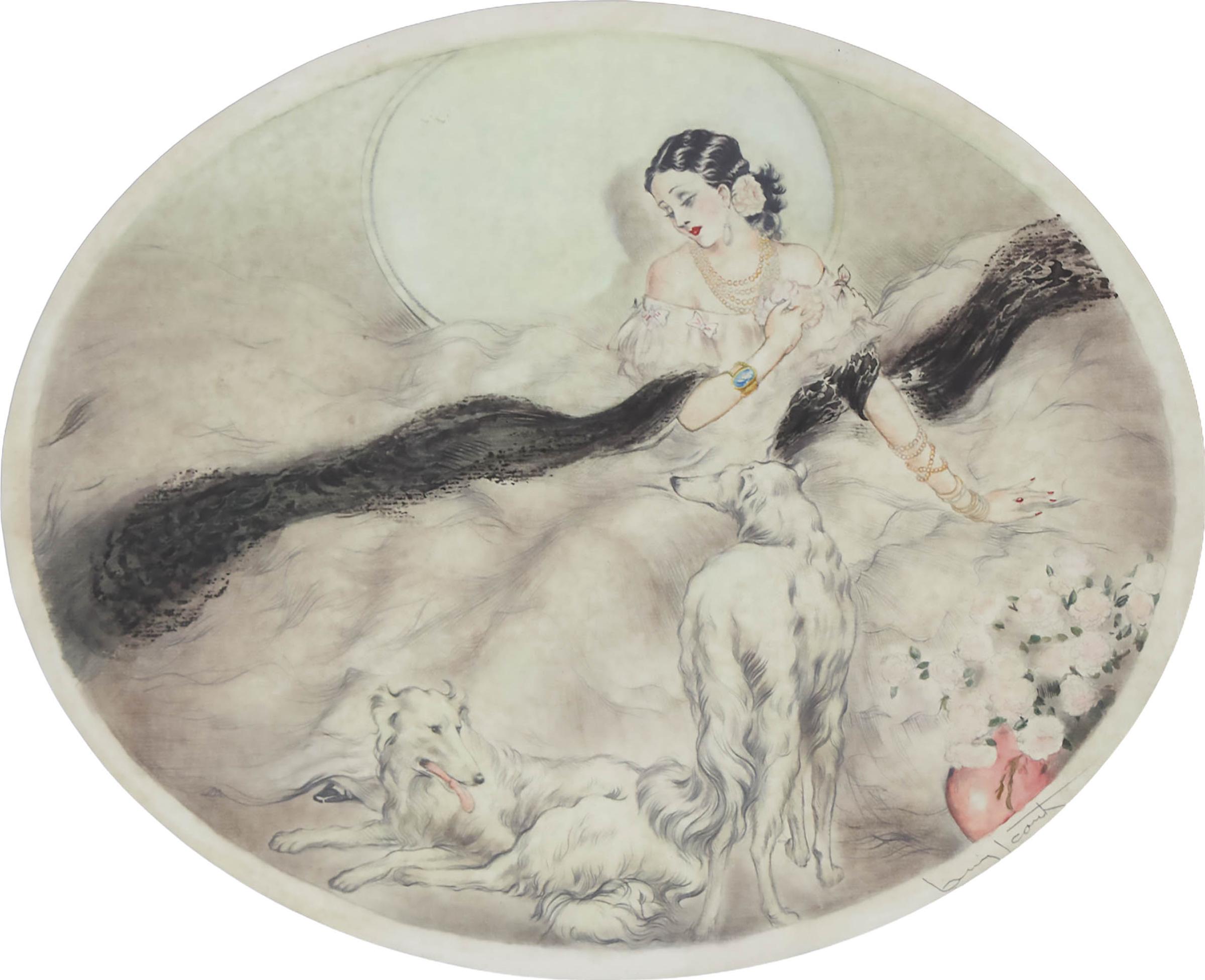 Louis Justin Laurent Icart (1888-1950) - Untitled (Lady With Two Afghan Hounds)
