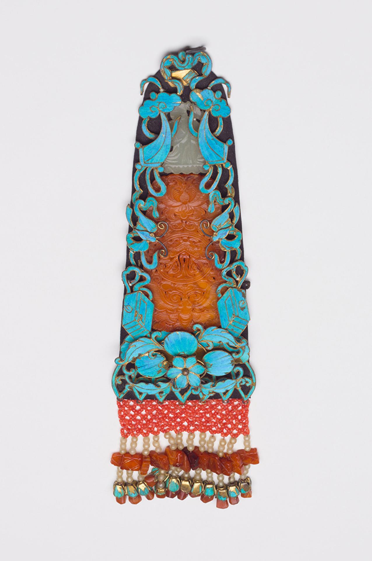 Chinese Art - A Chinese Kingfisher and Hardstone Lady's Silver Filigree Hair Ornament, 19th Century