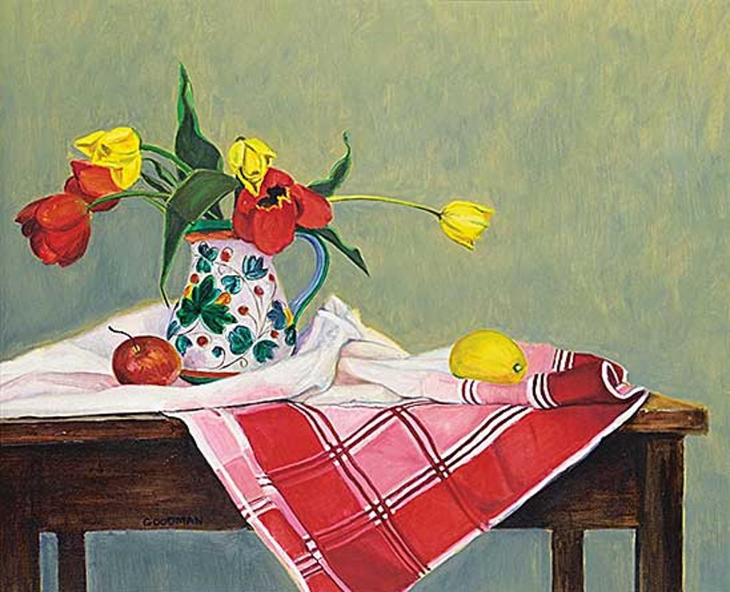 Barb Goodman - Red and Yellow Tulips in Italian Jug on Red Striped Cloth