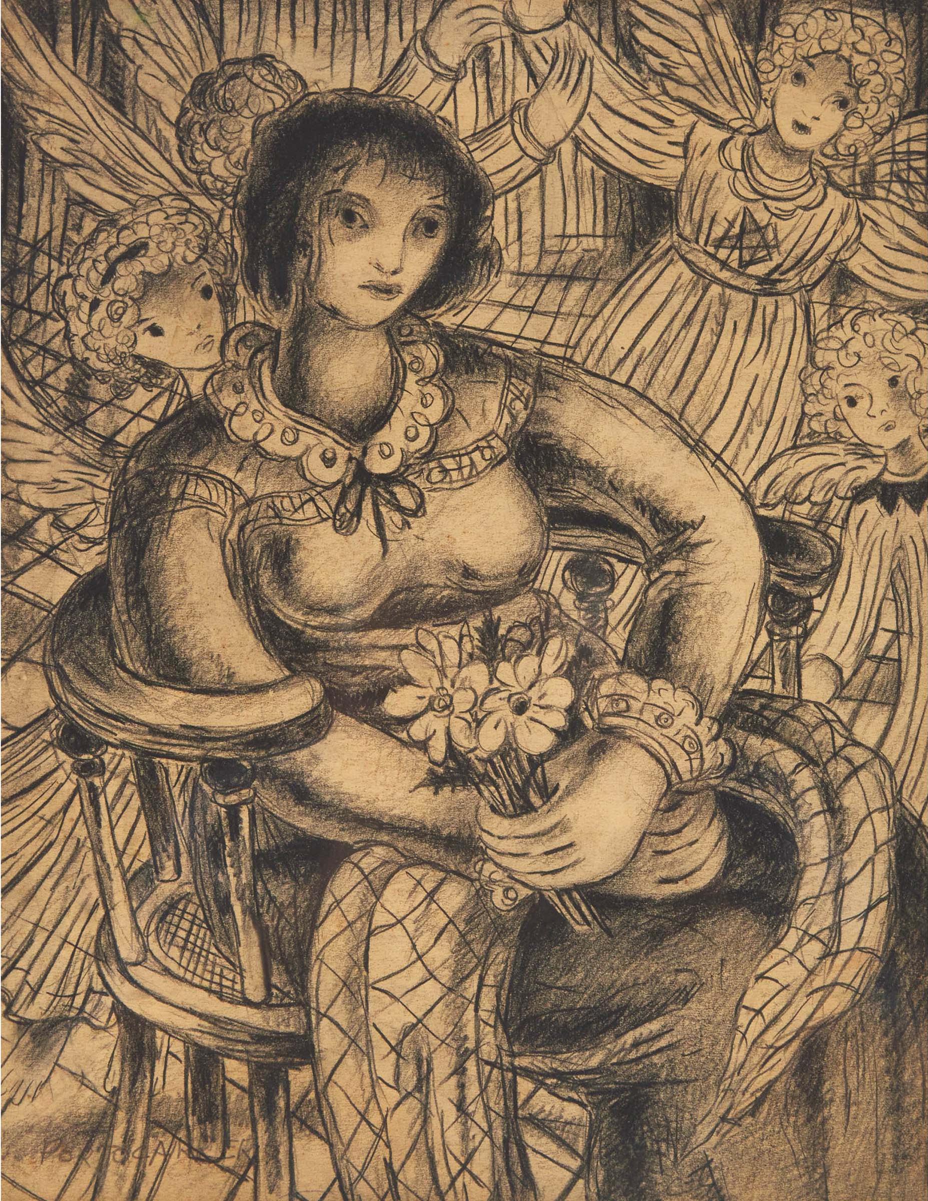 Rene Portocarrero (1912-1986) - Untitled (Seated Woman Surrounded By Angels)