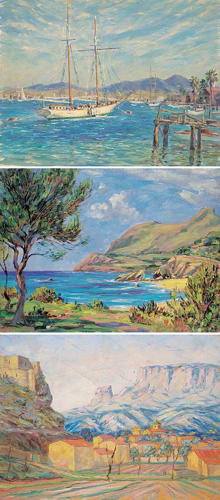 Arthur Kellet - Lot of Three Paintings [Sailing Boat / Coast / Mountain Town]