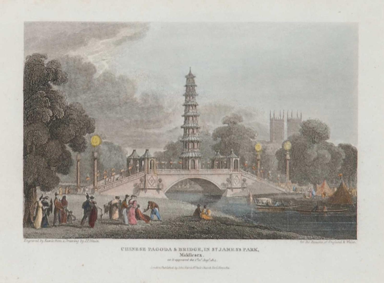 J.P. Neale - Chinese Pagoda and Bridge, In St. James's Park, Middlesex. as it appeared the 1st of Aug, 1814