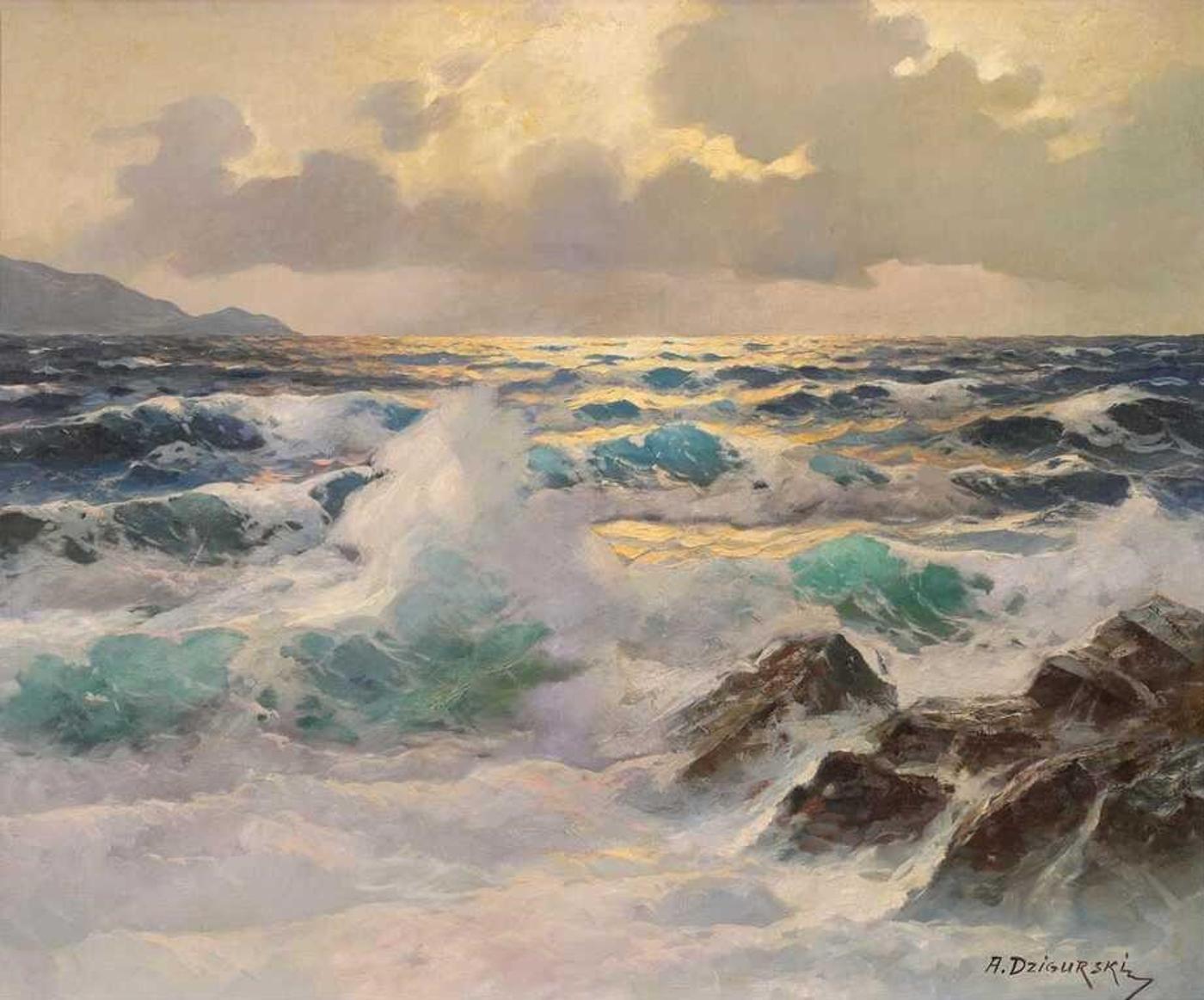 Alexander Dzigurski (1911-1995) - Waves Crashing Against The Rocks, Late Light