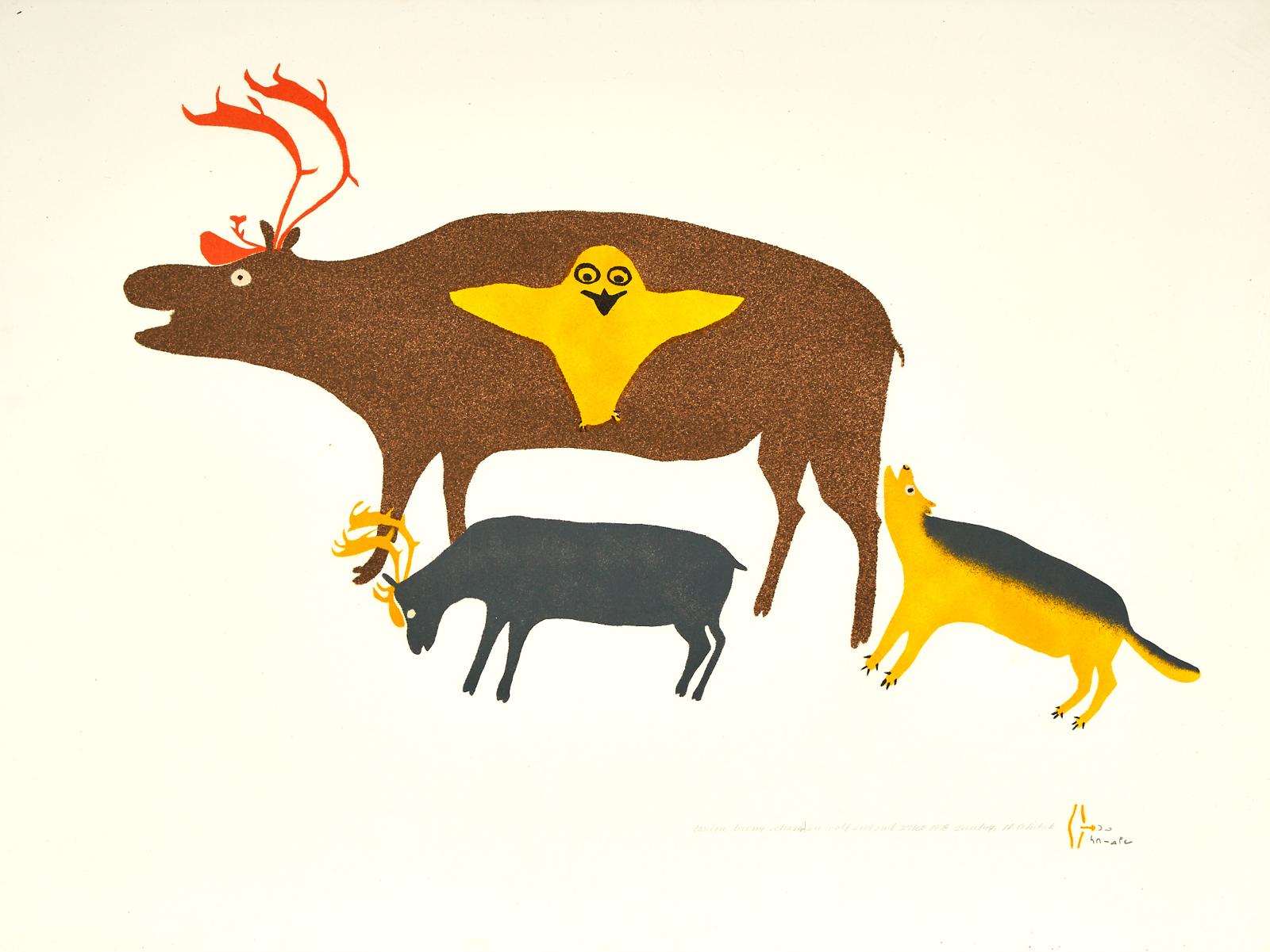 Marion Tuu'luq (1910-2002) - Caribou Being Chased By Wolf And Owl