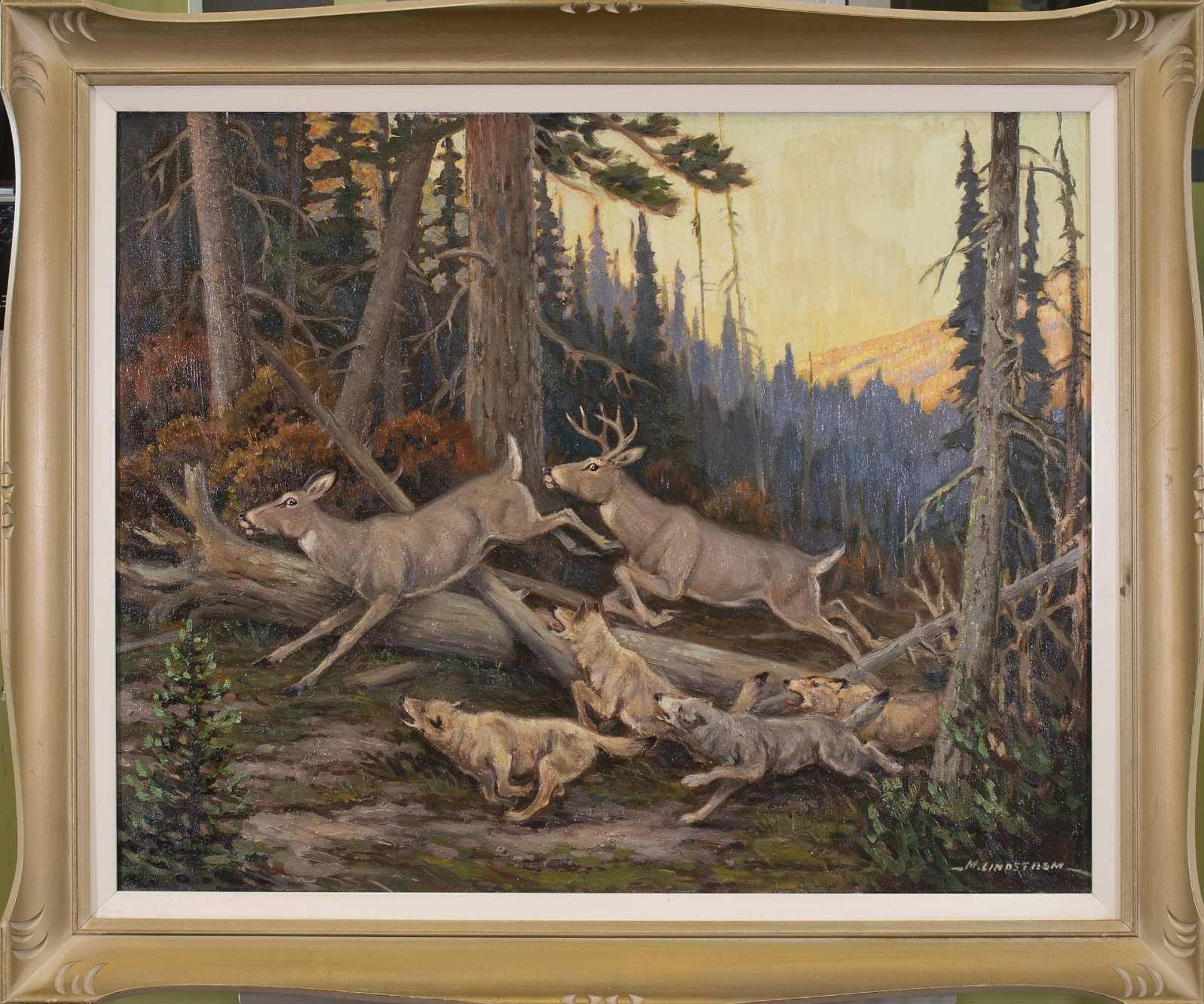Matt Lindstrom (1890-1975) - Untitled, Wolves Chasing Deer