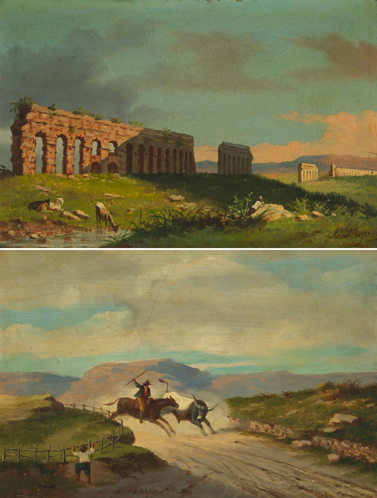 A. Luzzi - Landscape With Aquaduct; Coralling The Bull, 1875