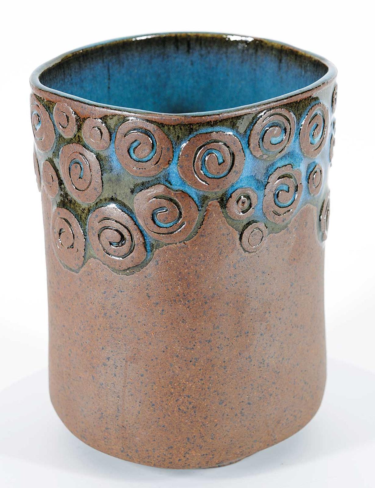 Luke Orton Lindoe (1913-1998) - Untitled - Brown Pot with Spirals and Glazed Blue Inside