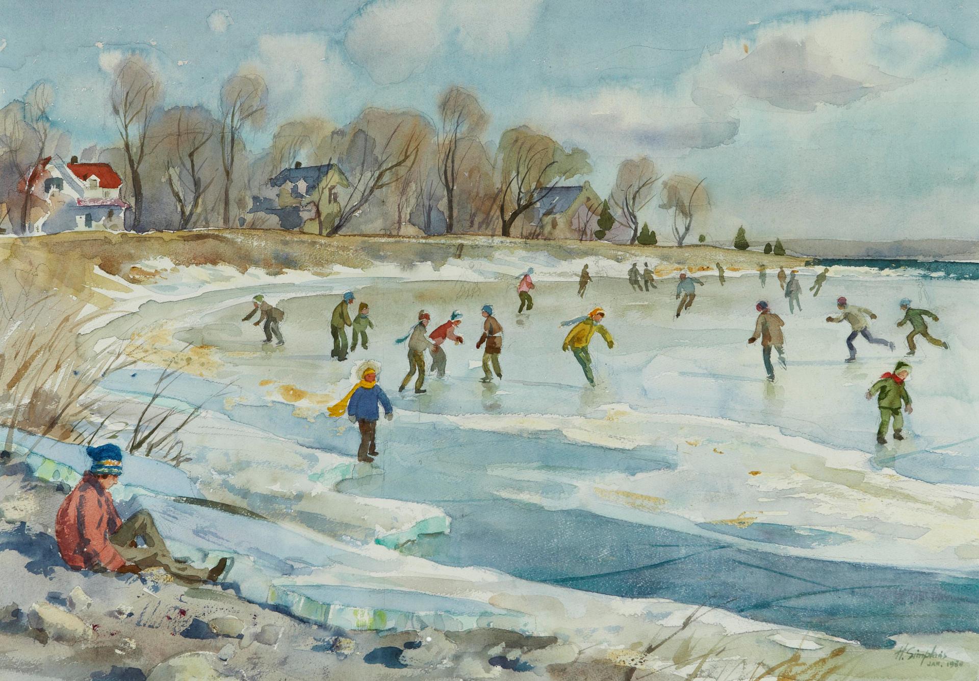 Henry John Simpkins (1906-1995) - Skating on Lake St. Louis at Dorval, P.Q.