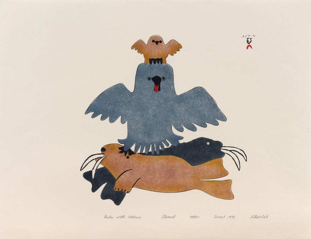 Pitseolak Ashoona (1904-1983) - Owls With Walrus; 1978