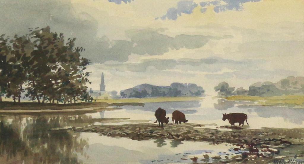 Marmaduke Matthews (1837-1913) - Cattle Watering By A Still River