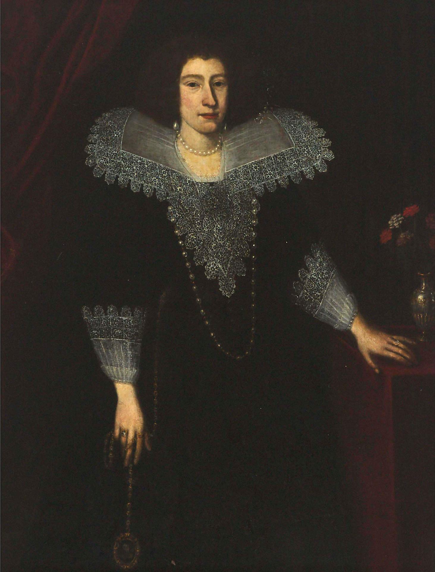 Follower of Anthony van Dyck (1599) - Elegant Aristocratic Lady, Three-Quarter Length, Standing, Wearing A Black Gown With Lace Collar And Holding A Locket And Chain, With A Vase Of Flowers At Her Side