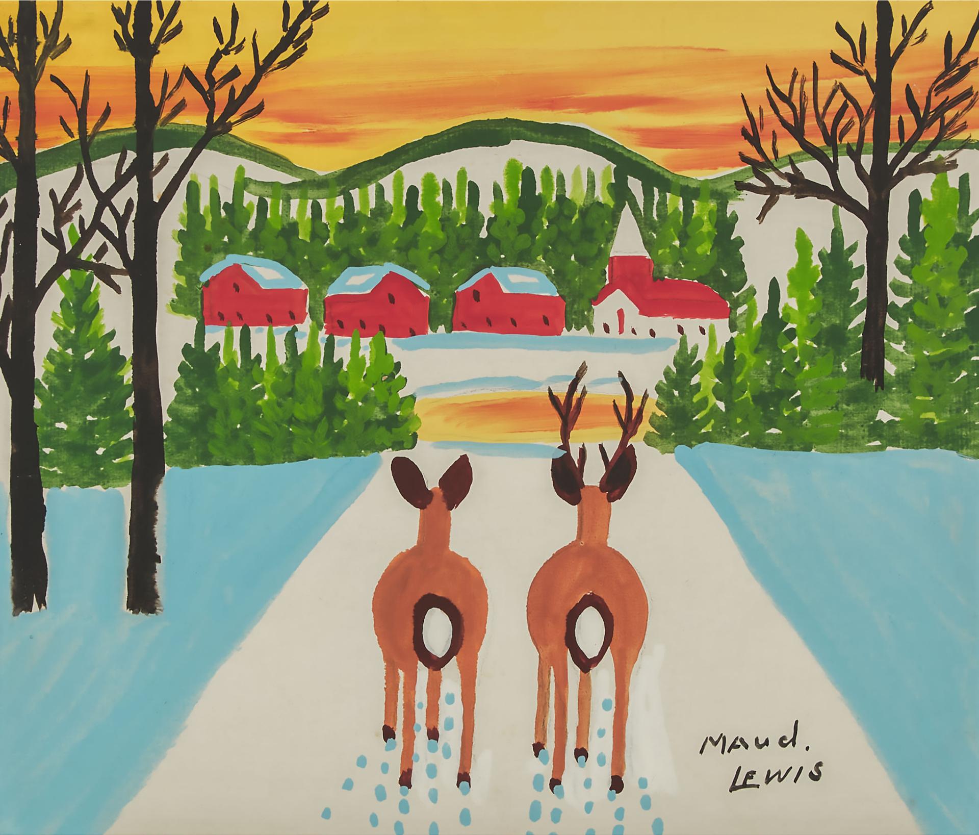 Maud Kathleen Lewis (1903-1970) - Untitled (Two Deer, Sunset)