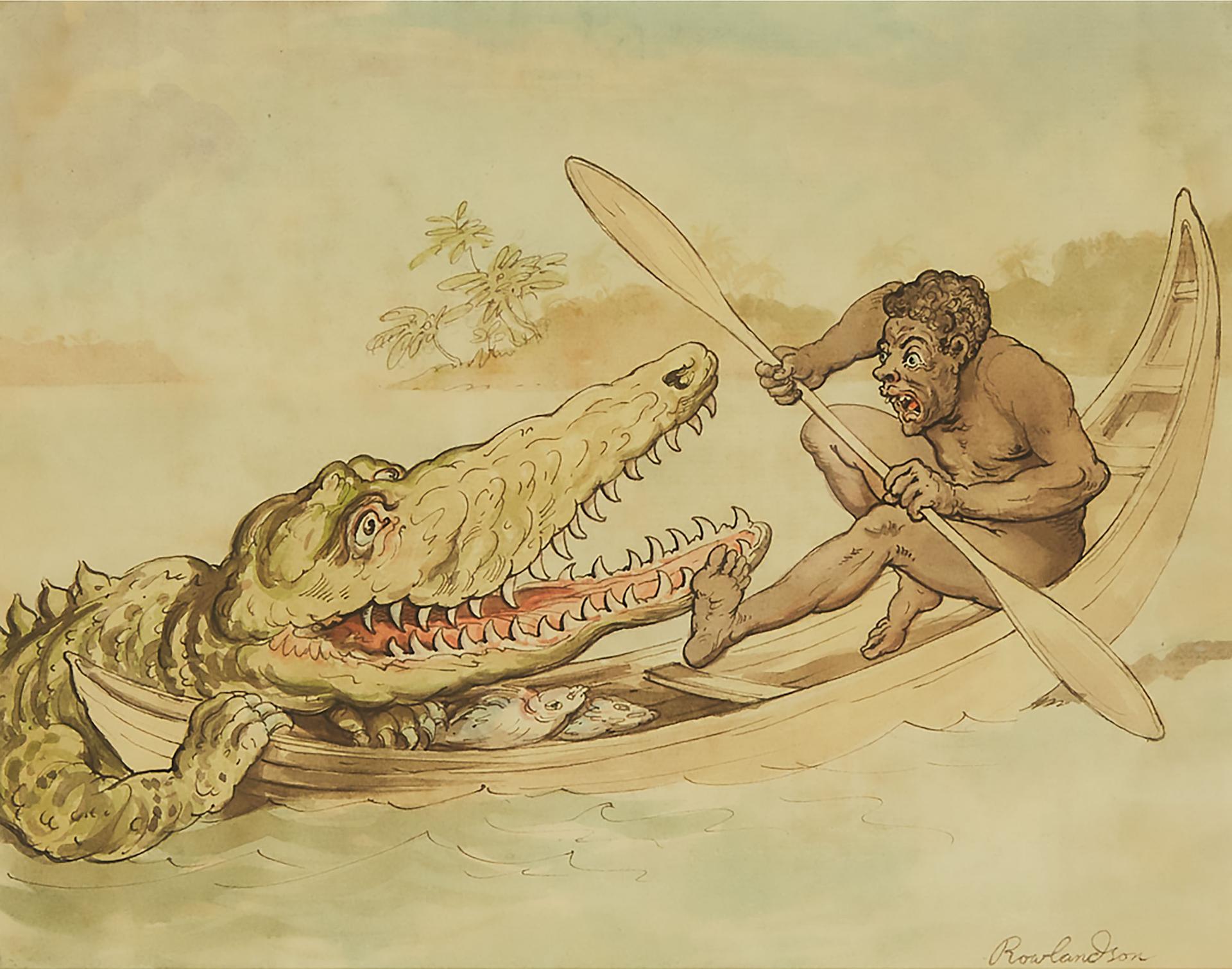 Thomas Rowlandson (1756-1827) - Man In A Boat Attacked By A Crocodile