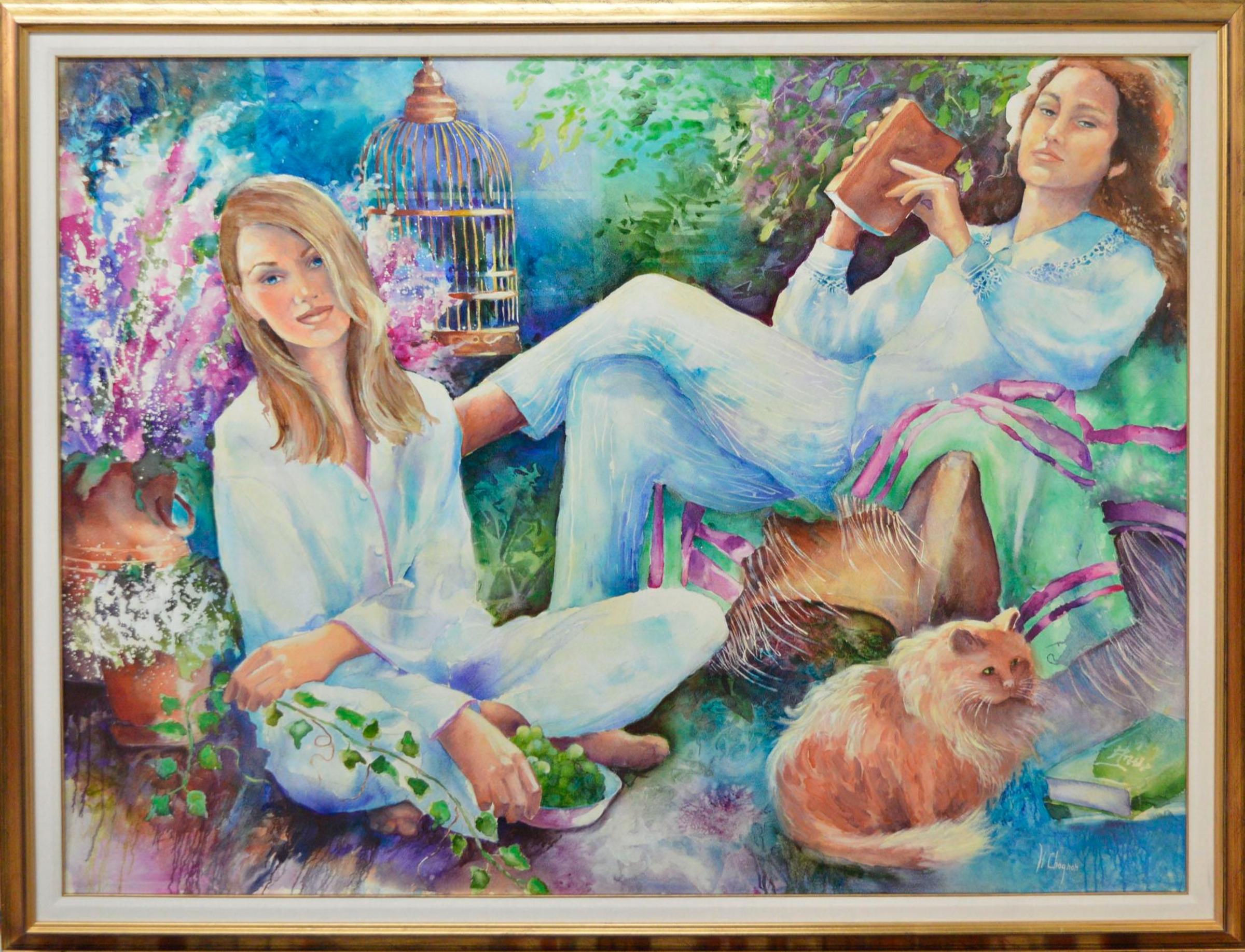 Huguette Chagnon (1943) - Femmes se relaxant dans un jardin