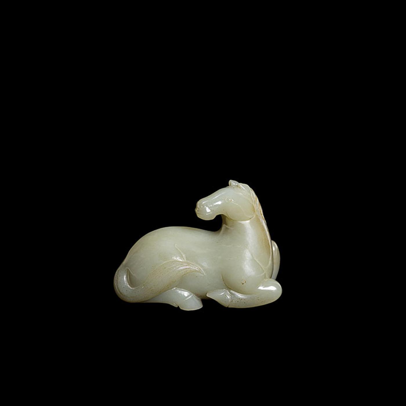 Chinese Art - A Chinese Pale Celadon Jade Carved Model of a Recumbent Horse, Qing Dynasty