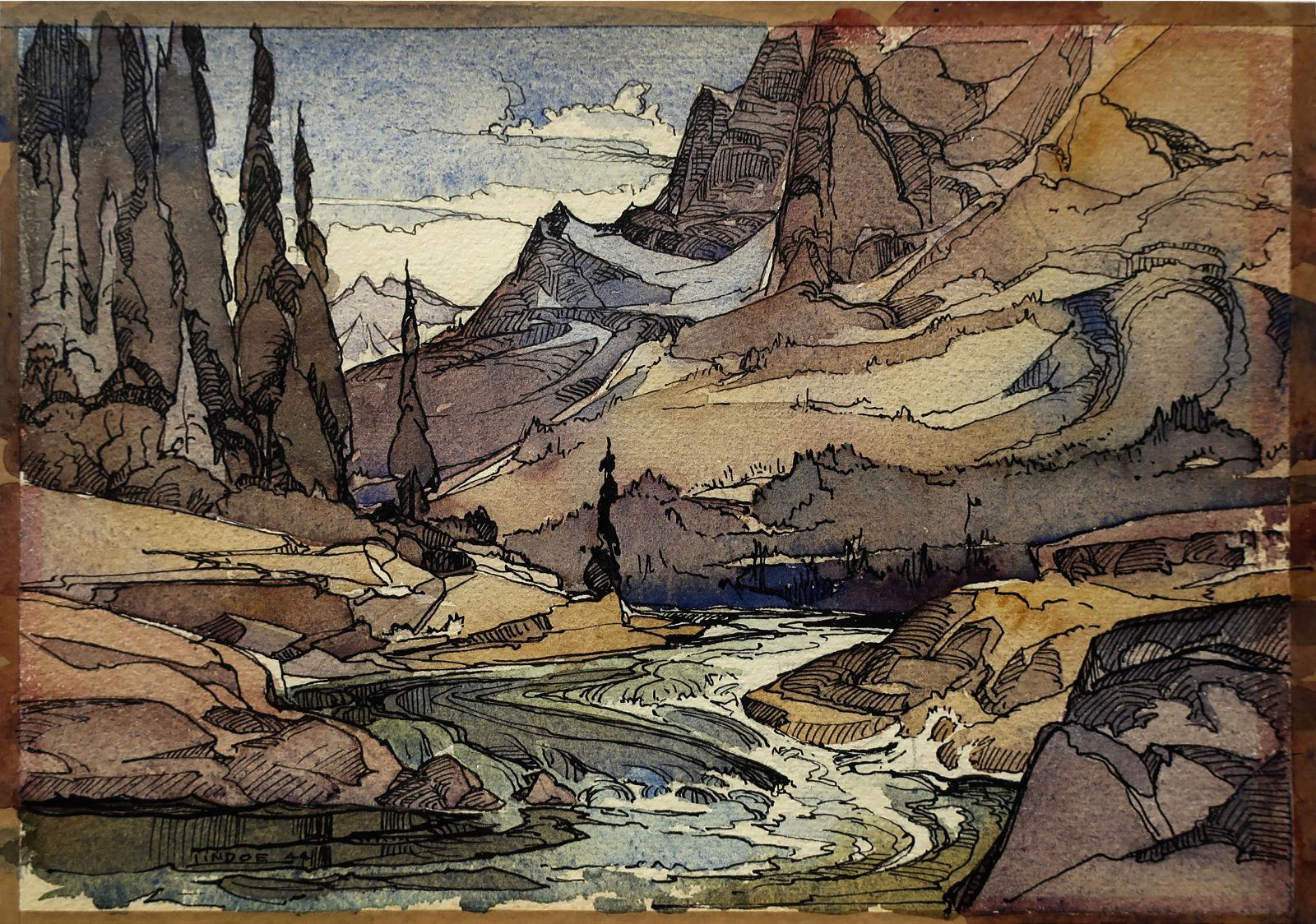 Luke Orton Lindoe (1913-1998) - Untitled (Mountainous Landscape With Winding River)