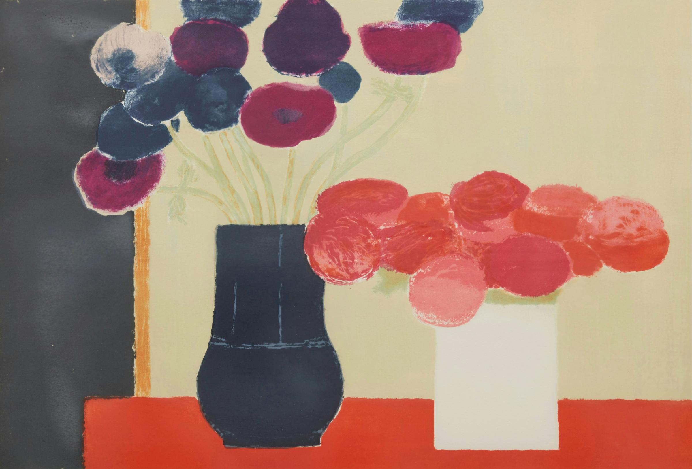 Bernard Cathelin (1919-2004) - Deux bouquets sur nappe rouge; La jardinière de Moustiers