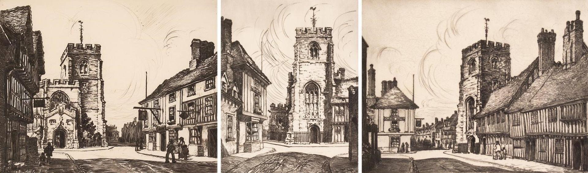 Sybil Andrews (1898-1992) - The Guild Chapel & Falcon Inn, Stratford-On-Avon / Scholars Lane, Stratford-On-Avon / The Old Grammar School & Almshouses, Stratford-On-Avon