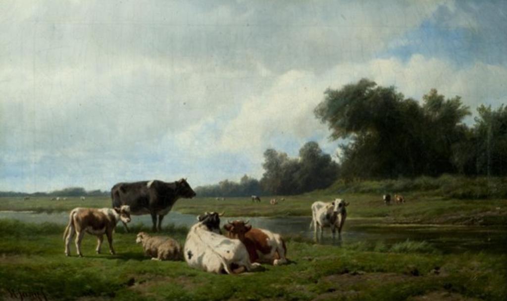 Hendrick Savry (1823-1907) - Livestock in a Sunny Pasture
