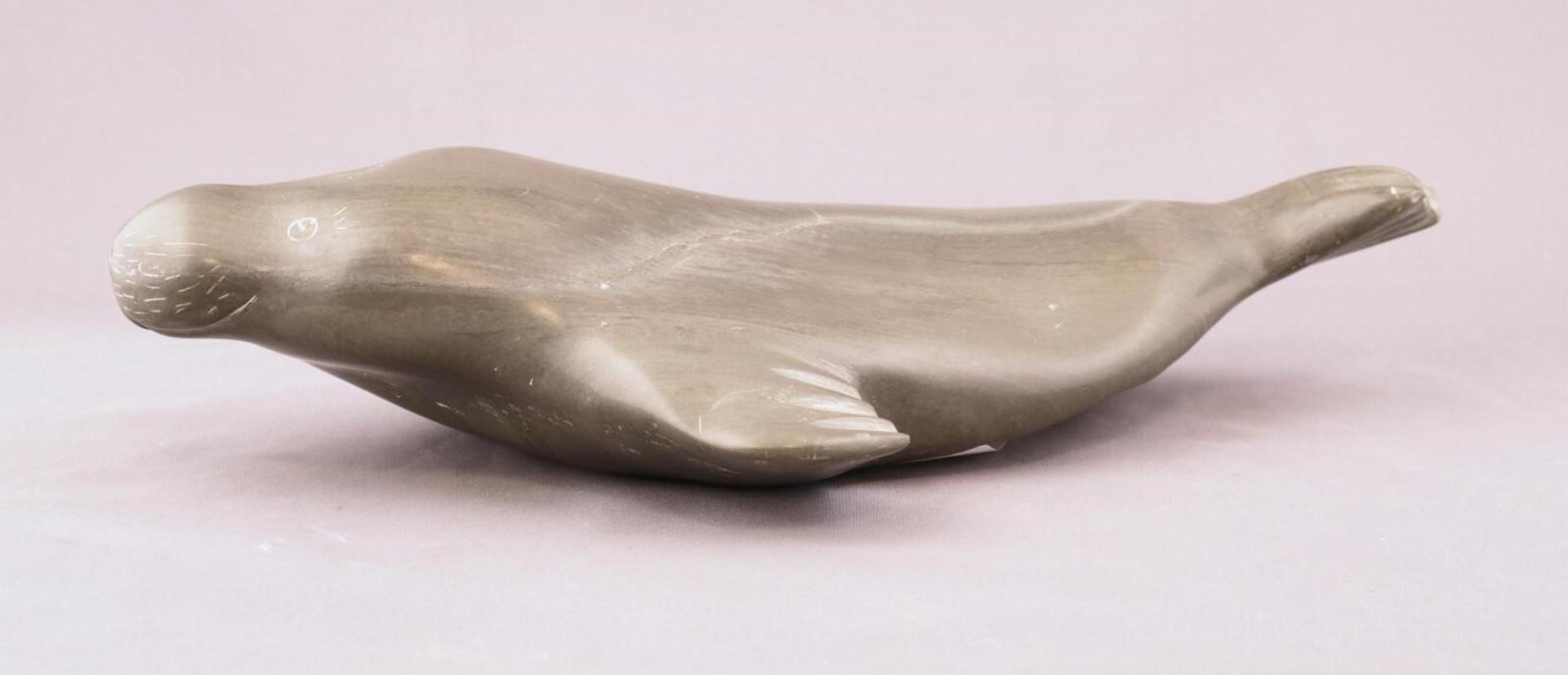 Emily Takatak (1932) - a marbled grey stone carving of a Swimming Seal