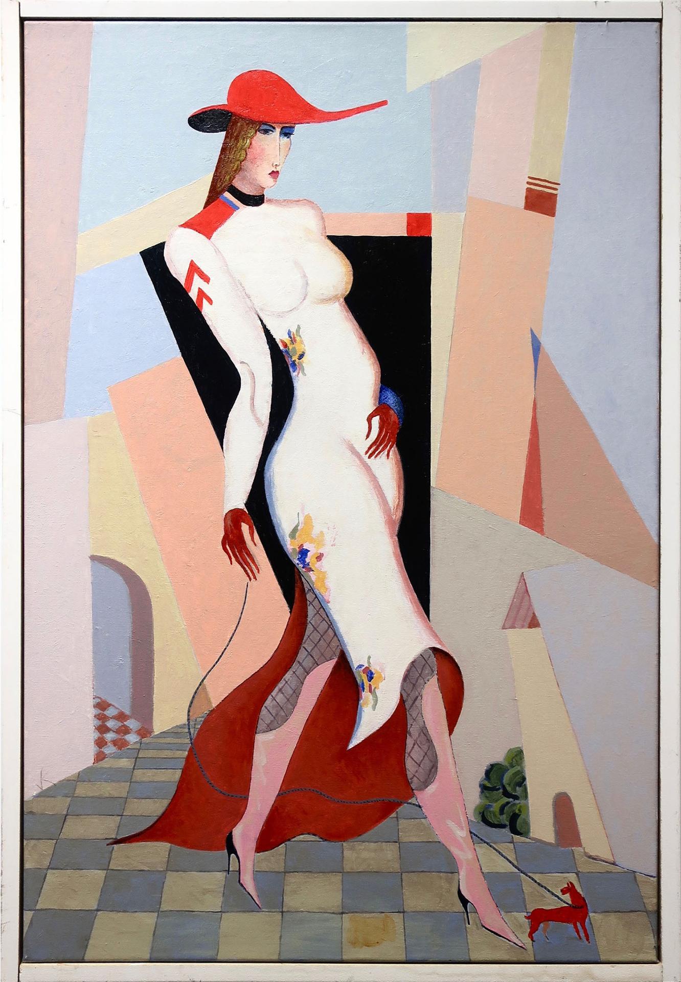 Vasily Kondratuk (1940) - Untitled (Lady Of Fashion Walking Her Dog)