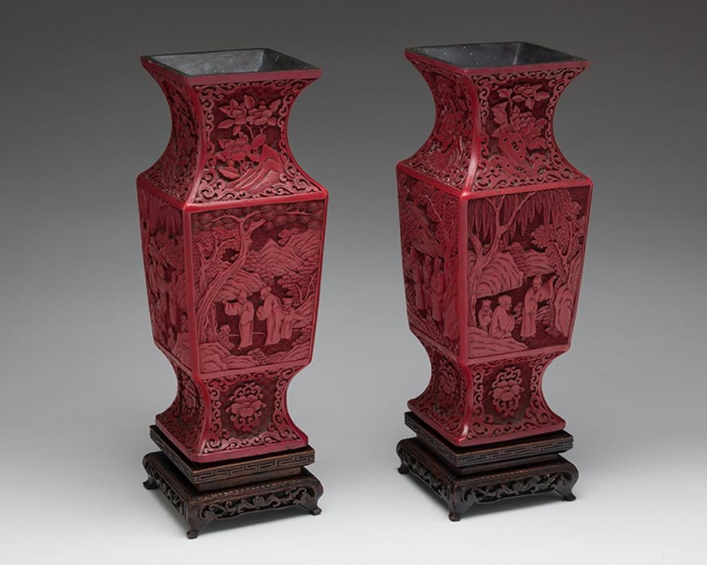 Chinese Art - Pair of Large Chinese Cinnabar Lacquer Vases, 19th Century
